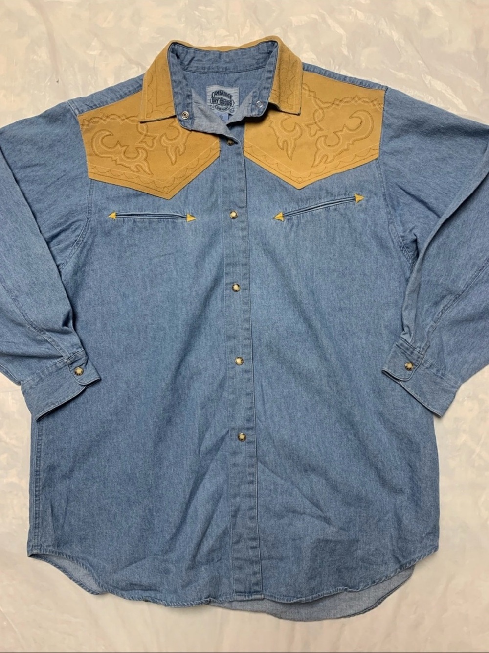 Vintage 90s Denim & Suede Pearl Snap Cowgirl Western Oversized Rodeo Shirt